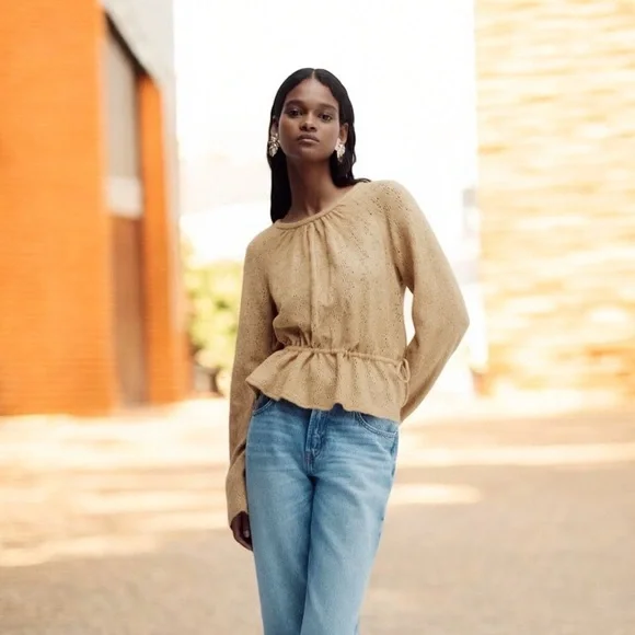 NEW H&M Pointelle-Knit Peplum Top Beige Size Medium - Picture 4 of 11